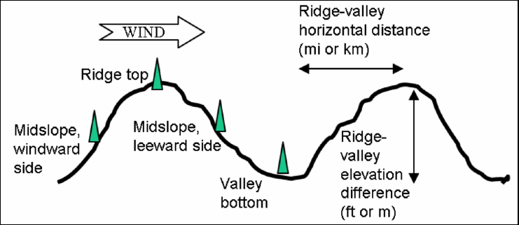 Spotting distance terrain factors include the position of the torching tree, the ridge to valley elevation horizontal distance, and the ridge to valley elevation change downwind from the source.