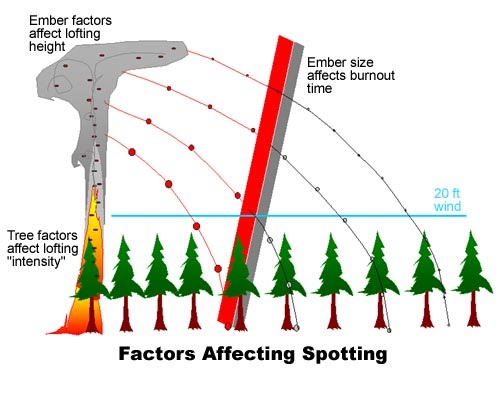 Spotting distance factors include the spotting source, the lofting height of the ember, the downwind transport, and the time it takes the ember to burn out.