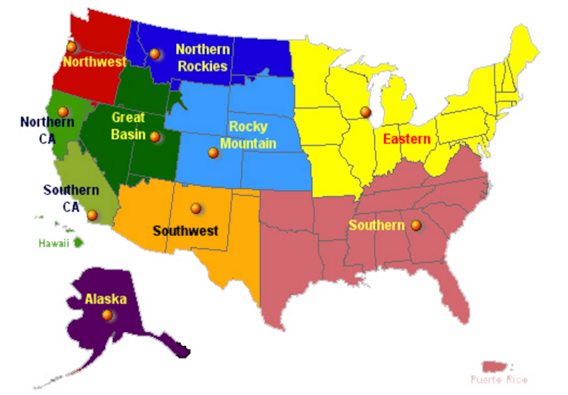 Map of US Geographic Areas. Each Geographic Area includes a predictive services unit that assesses area conditions and produces outlook products.