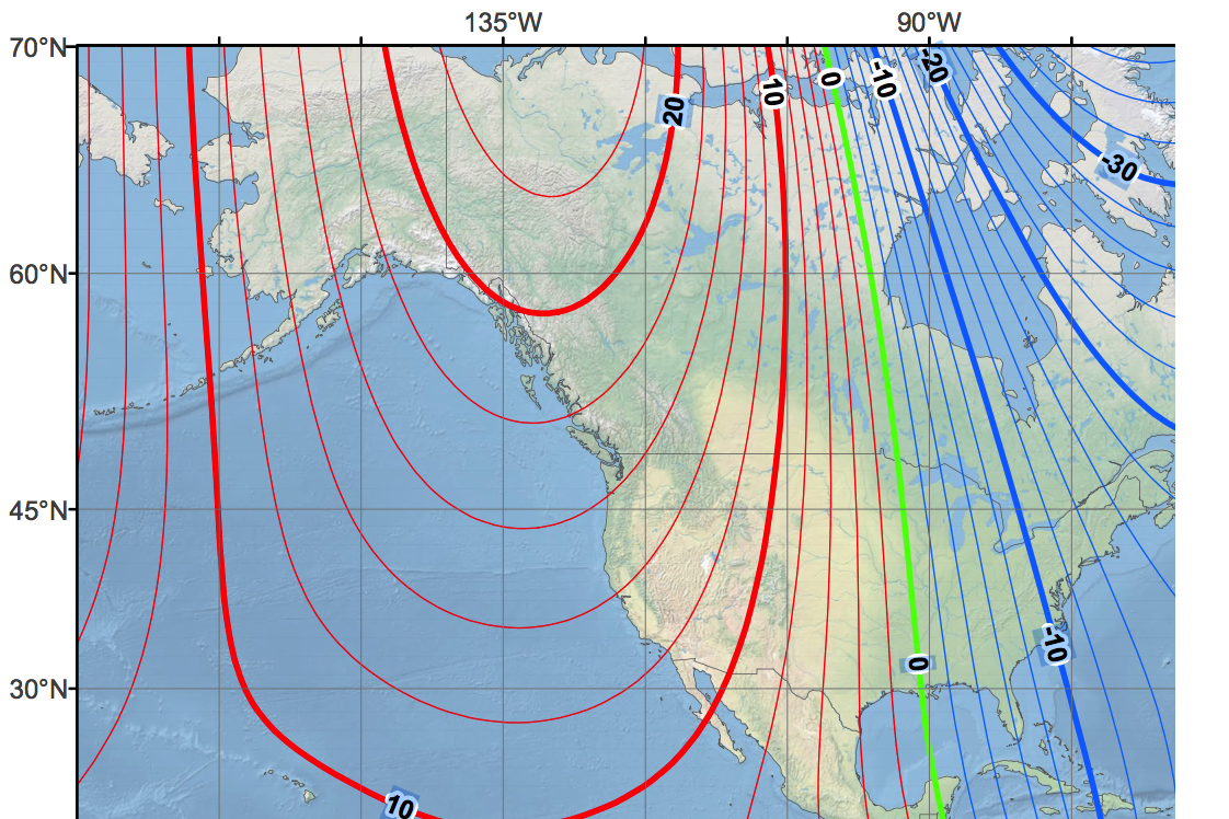 Recent map of magnetic declination for field navigation.