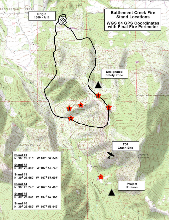 Topo map with WGS 84 GPS locations for stands shown