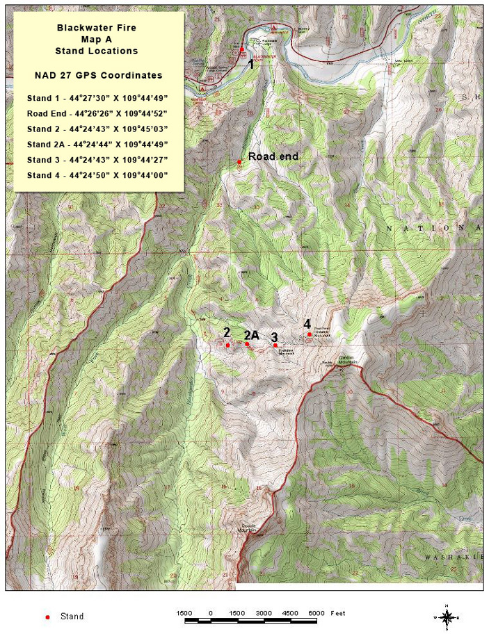 Map A - Topo map with NAD 27 GPS locations for stands shown