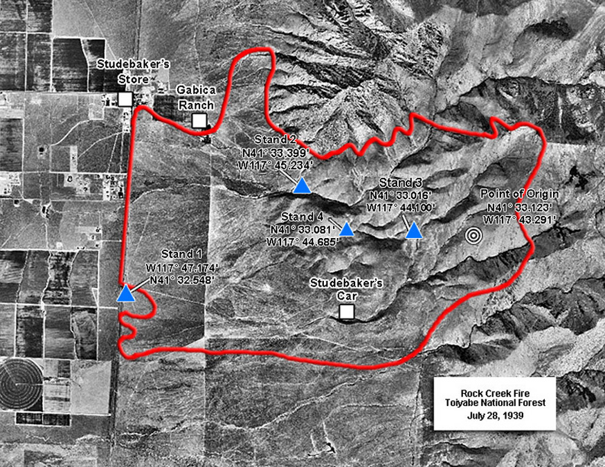 Orthophoto with final fire perimeter and NAD 83 GPS locations for stands shown.