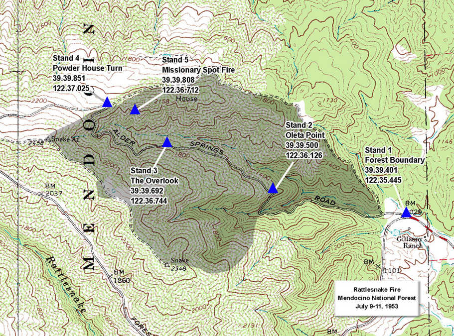 Topo Map with fire edge and NAD 27 GPS locations for stands shown