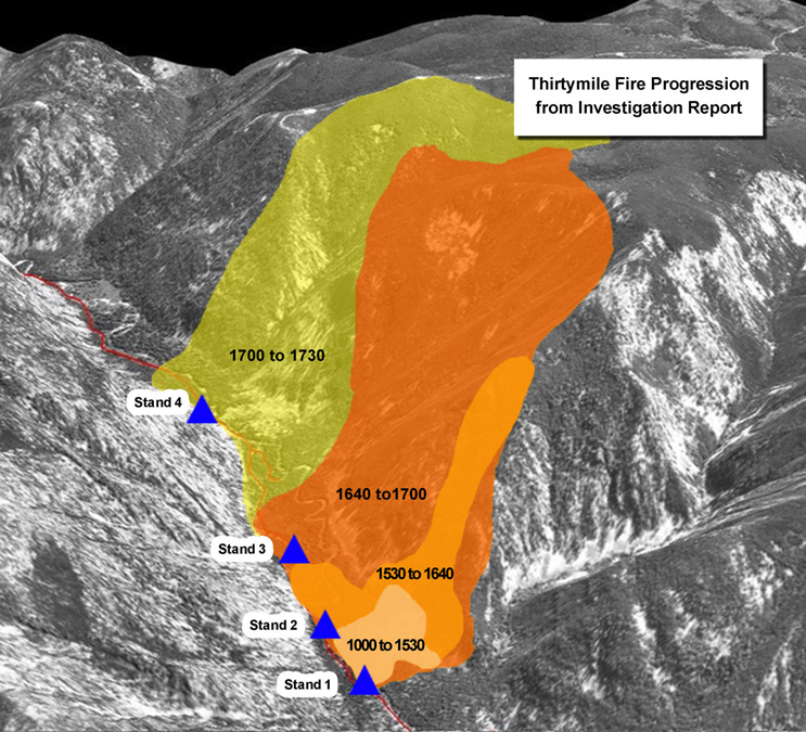 Fire progression map from Thirtymile Fire Investigation Report