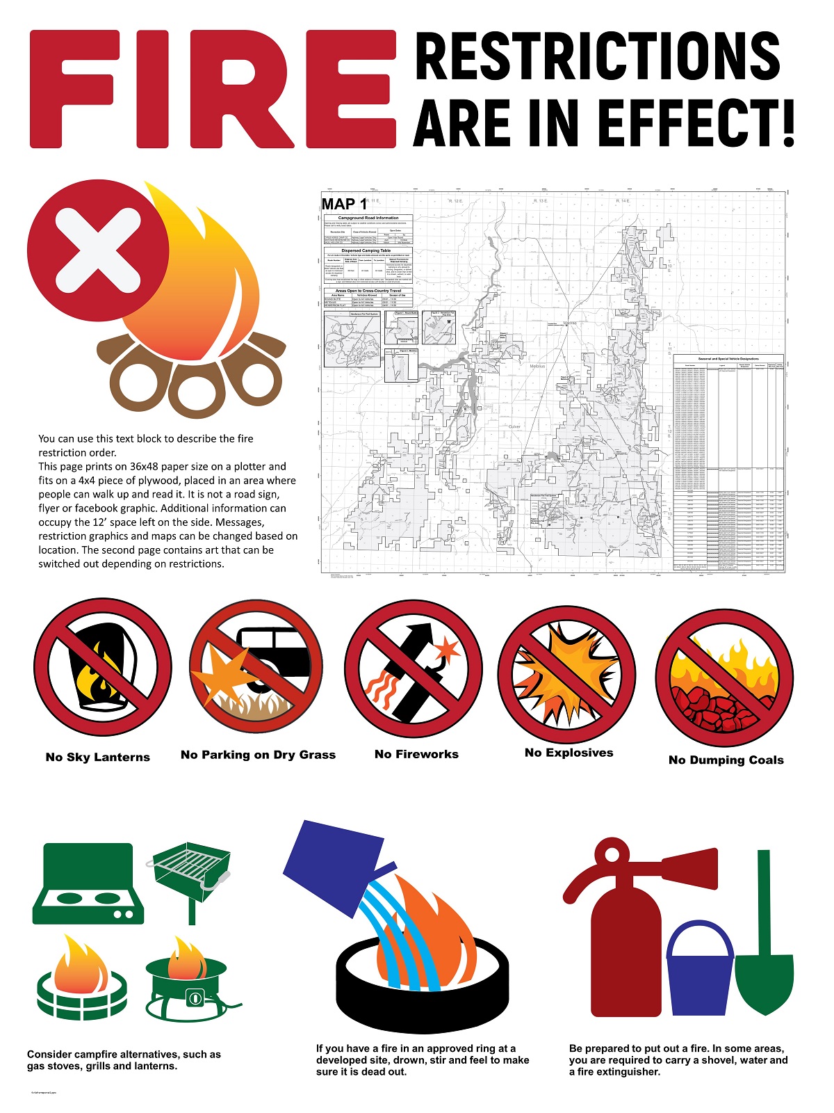 Fire restrictions are in effect with prohibited symbols and campfire alternatives