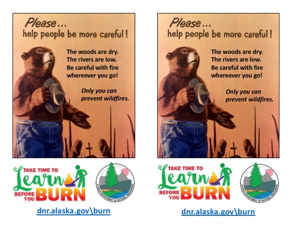 Smokey Bear in burnt forest; please help people be more careful; learn before you burn logo and Alaska DNR logo