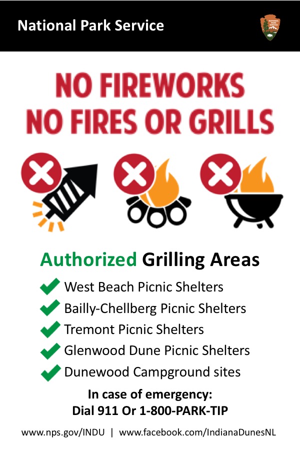 National Park Service sign, NPS logo, No Fireworks, no fires, no grills