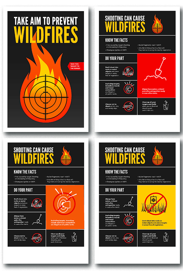 Four poster options depicting tips on reducing target shooting related wildfires.