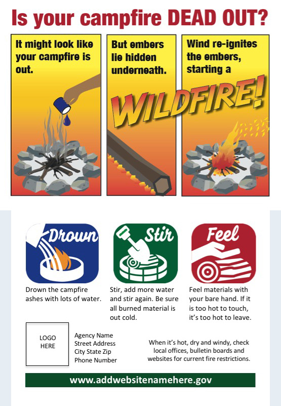 Graphic shows how a wildfire starts from an unattended campfire; the back illustrates drown-stir-feel. 