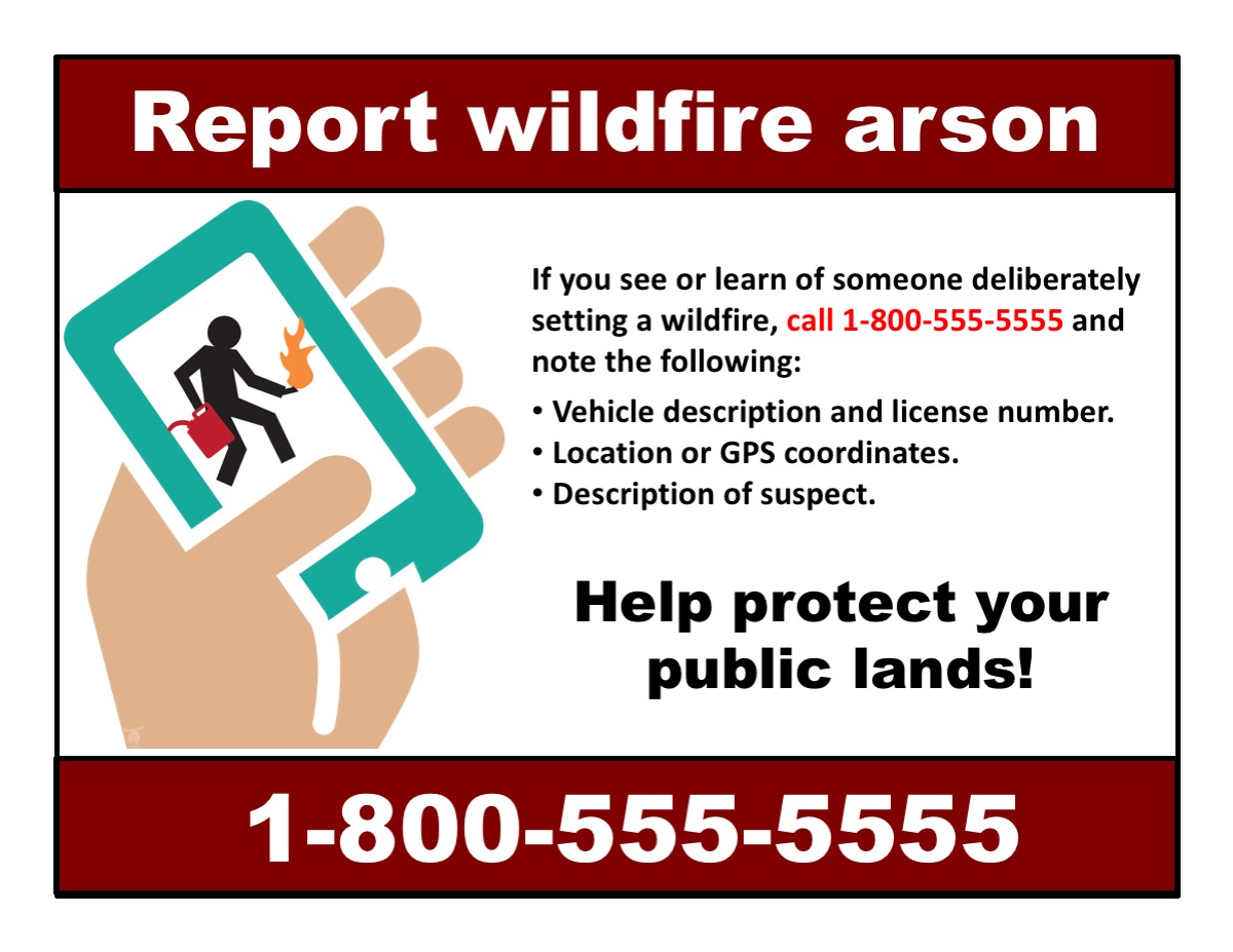 Report wildfire arson with hand holding a cell phone with graphic of arsonist