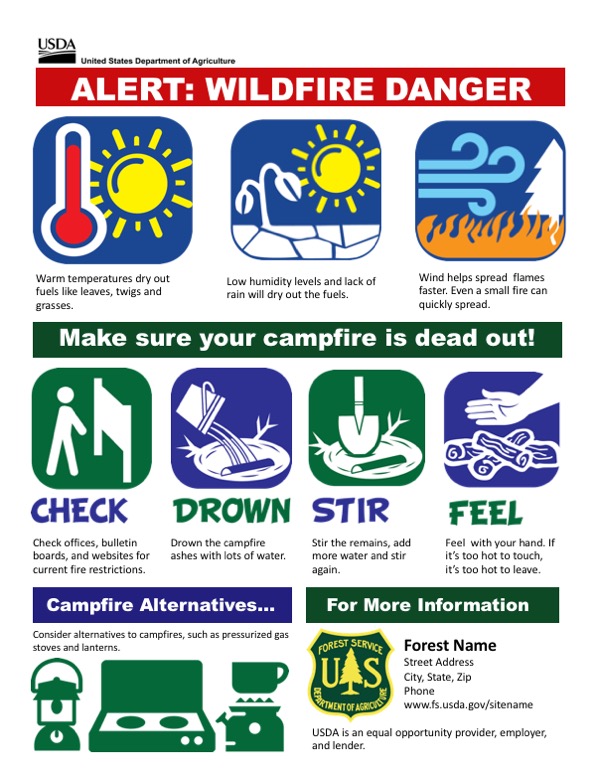 Alert: Wildfire Danger with weather graphics, how to put out your campfire and campfire alternatives