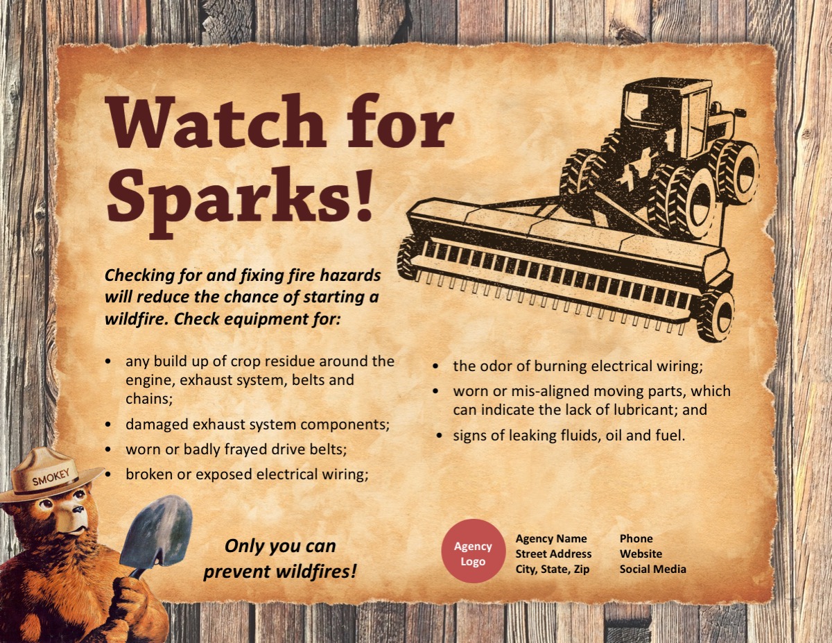 Watch For Sparks (horizontal, with farm equipment art) on rustic background with Smokey Bear