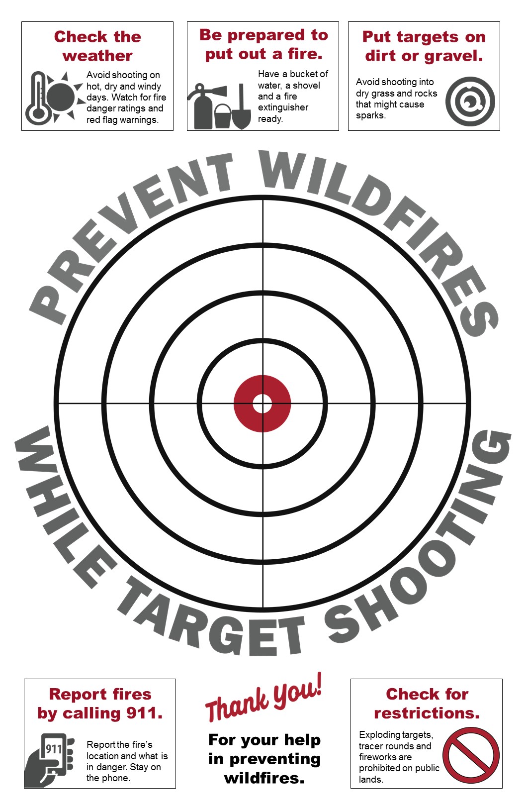 Prevent Wildfires while target shooting, 11x17 circle target with fire prevention tips