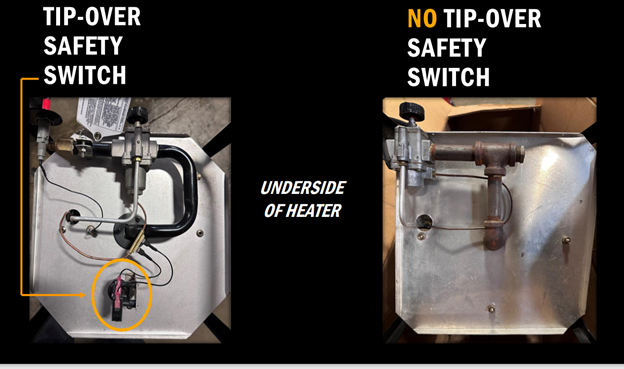 NFES 6187 showing Tip-Over Safety Switch on underside of heater unit. 