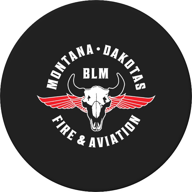 Montana Dakotas, BMB Fire and Aviation logo. A buffalo skull with wings in center.