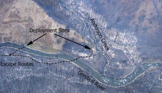 Aerial image of the Deployment sites and escape routes along Greybull River and Anderson Creek during the Little Venus Fire entrapment, 2006.