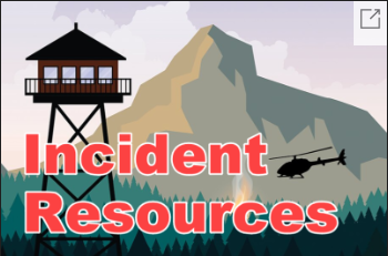 Graphic of Incident Resources image of lookout tower and mountain with helicopter flying above trees.