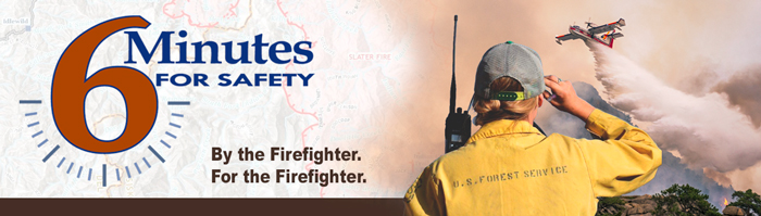 6MFS decorative banner. Logo on left, image of firefighter holding radio looking up at incoming airtanker dropping water.