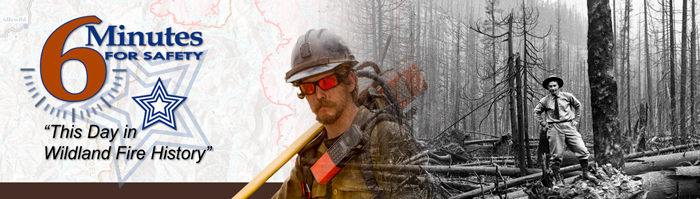 6MFS decorative banner. This Day In History logo on left, image of modern firefighter with chain saw slung over shoulder and a image of a 1930's ranger standing on downed timber on the right.