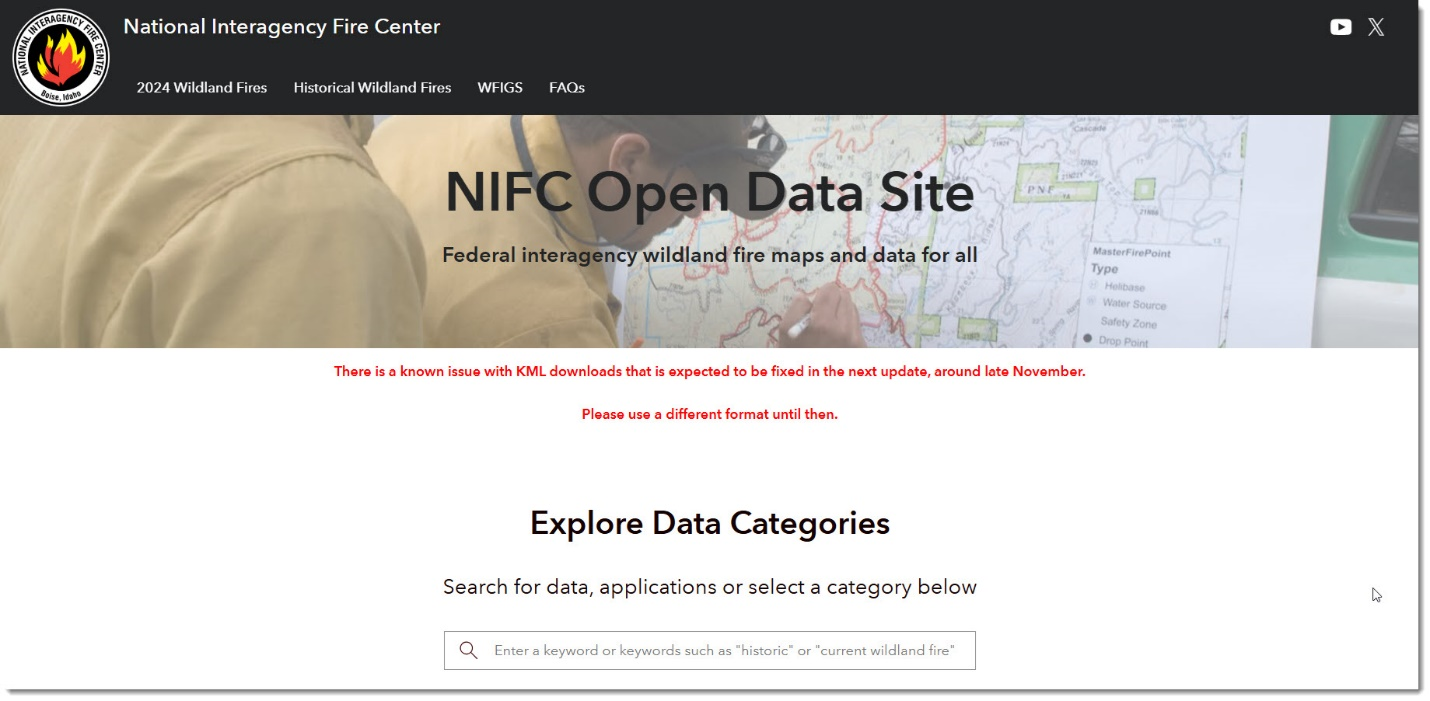 Screenshot of the NIFC Open Data Site homepage.