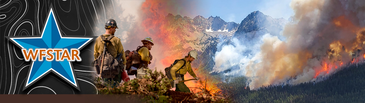RT-130 Decorative banner. Group of wildland firefighters hiking down a valley to a fire. Black topo map and WFSTAR logo on left.