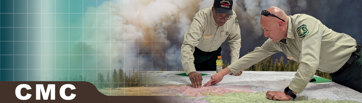RT-130 Decorative banner. Group of wildland firefighters hiking down a valley to a fire. Black topo map and WFSTAR logo on left.