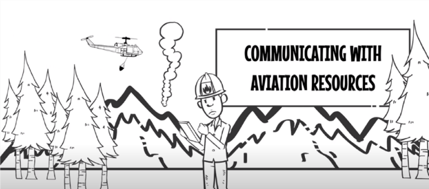 Lineart of helicopter flying over mountain to drop water on smoke, while a man in hardhat reviews notepad. Communicating with aviation resources.