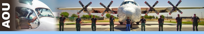 AOU decorative banner. On right a image of a planes cockpit from outside. On right a twin prop airtanker with eight firefighter personnel standing under wing on tarmac.