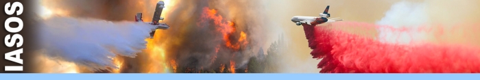 IASOS decorative banner. A single engine airtanker and a large airtanker fly toward a fire with water and retardant being dropped.