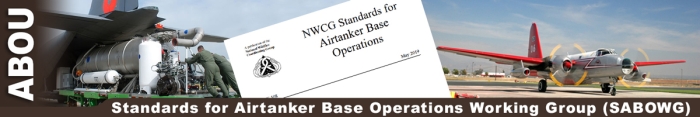 SABOWG decorative banner. On right a group of military airmen push retardant tanks into back of airtanker. In center is a screenshot of a guide. on right is an airtanker sitting on the tarmac.