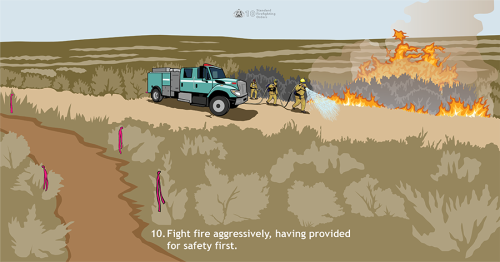 The safety of firefighters and the public is always the top priority of wildland fire management agencies. This Standard Firefighting Order portrays an engine crew, with a clearly identified escape route in place, suppressing an active wildland fire.