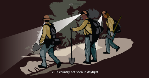 Firefighting resources are often called to respond to fires at night in unfamiliar terrain. This Watch Out shows firefighters working at night in an area they are seeing for the first time which requires extra attention to surroundings and caution while working.