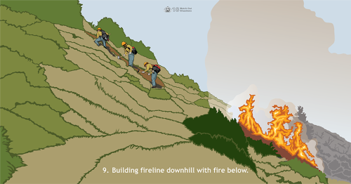 Building fireline downhill requires special attention to safety factors because of the potential for rapid uphill fire spread. This Watch Out depicts firefighters building fireline downhill without first mitigating the existing hazards.