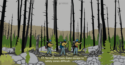 Rocks, dead and down trees, heavy fuels, and steep terrain can make escape to safety zones slow and difficult. This Watch Out shows firefighters already weighed down by heavy fire gear and tools trying to walk through uneven terrain and heavy fuels.