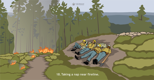 Managing fatigue during wildland fire suppression is important for firefighter health and safety. This Watch Out depicts fire behavior increasing while firefighters take a nap without a lookout.