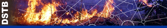 Photo of flames with graphic overlay of data point symbols Decorative.