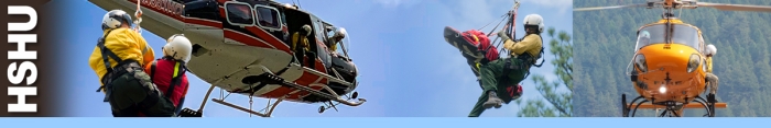 HSHU header graphic.   photos of wildland firefighters on hoist lines, while pilots and crew look out of helicopters to assess short-haul operations. Decorative.