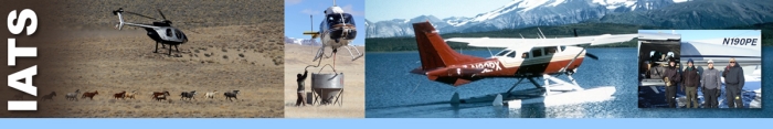 IATS  header graphic.  Running wild horse heard being gathered by helicopter on the the Nevada range. Man assisting with hoist cable in seeding operations using helicopters. Water plane used to transport biologists and equipment to remote areas with no landing strips. Inset photo of four biologists standing in front of plane.