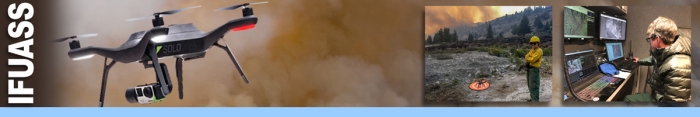 IFUASS header graphic.  Photo of a drone flying through dense smoke. Inset photos of female firefighter standing at a UAS helipad, and the other of a UAS specialist sitting in front of a bank of computer screens reading data. Decorative.