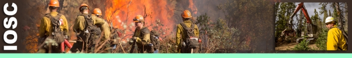 IOSC banner. Five firefighters working near burning brush fires with inset of heavy equipment boss directing large equipment. Decorative banner.