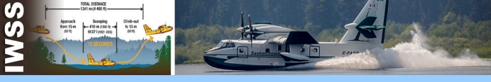 ISWW header graphic.  Photo of a water scooper plane landing on a lake with another image showing specs on scooping. Decorative.