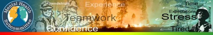 MHSC header graphic. Decorative. Images of firefighters overlaid on a forest fire in background. On the left positive words reflective of healthy mental state such as confidence, teamwork, friendships. On the right words indicating unhealthy stressors that may lead to poor mental health such as stress, time, expectations, no sleep, etc.
