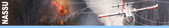 NASTAU header graphic.  Photo of a water scooper plane dropping load on forest below. Decorative.