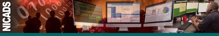 Image of three wildland firefighters silhouetted against fire background and superimposed are three computers next to dispatcher sitting in front of a bank of computer screens. In background are data numerals superimposed over background photo for artistic effect. Decorative
