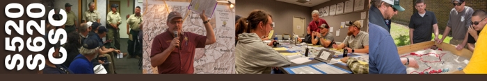 Four photos showing a group meeting, a man holding up papers in front of a map, a classroom with students sitting around a table, and a group doing exercises around a sand table. . Decorative.