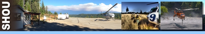 SHOU header graphic.  Mountain top helicopter base with single helicopter on launch area. Inset photos of a group of wildland firefighters walking to board helicopter, and a sky crane helicopter siphoning water from hose on body of water. Decorative.