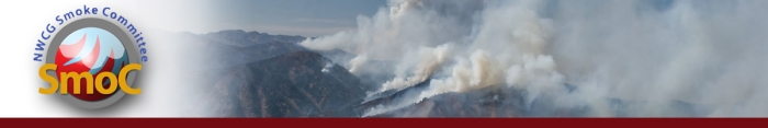 Smoke header graphic.  Image of heavy, billowing smoke from fires below in mountains with SMoC logo on left. Decorative.