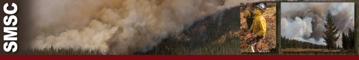 SMSC header graphic.  Heavy smoke billows up from a large forest fire. Inset photo of a wildland firefighter with full Nomax mask covering his face. Far right inset photo of heavy smoke from wildland fire. Decorative.
