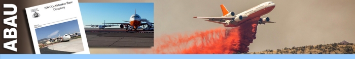 ABAU header graphic.  Photo of an airtanker dropping retardant over a hillside with two inset photos of the NWCG Airtanker Base Directory, and an airtanker on the runway. Decorative.